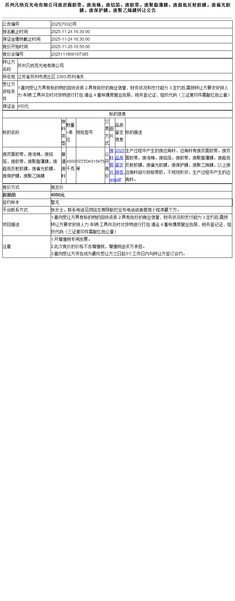 苏州凡纳克光电有限公司废双面胶带，废泡棉，废铝箔，废胶带，废聚脂薄膜，废超低反射胶膜，废偏光胶膜，废保护膜，废聚乙烯膜转让公告