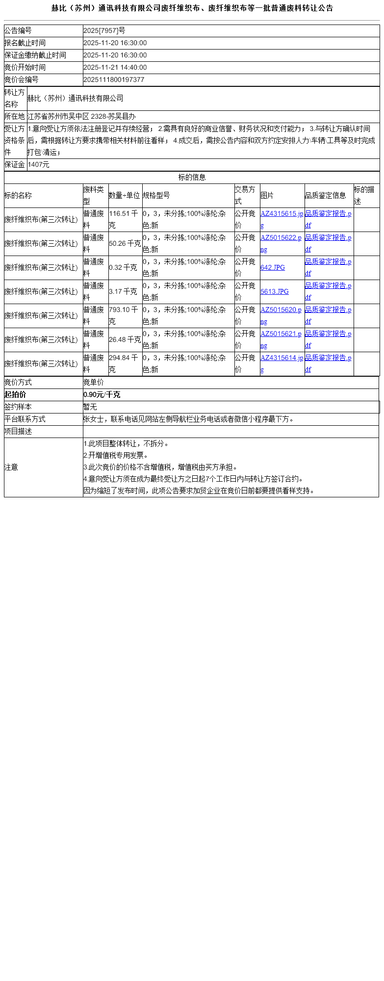 赫比（苏州）通讯科技有限公司废纤维织布、废纤维织布等一批普通废料转让公告