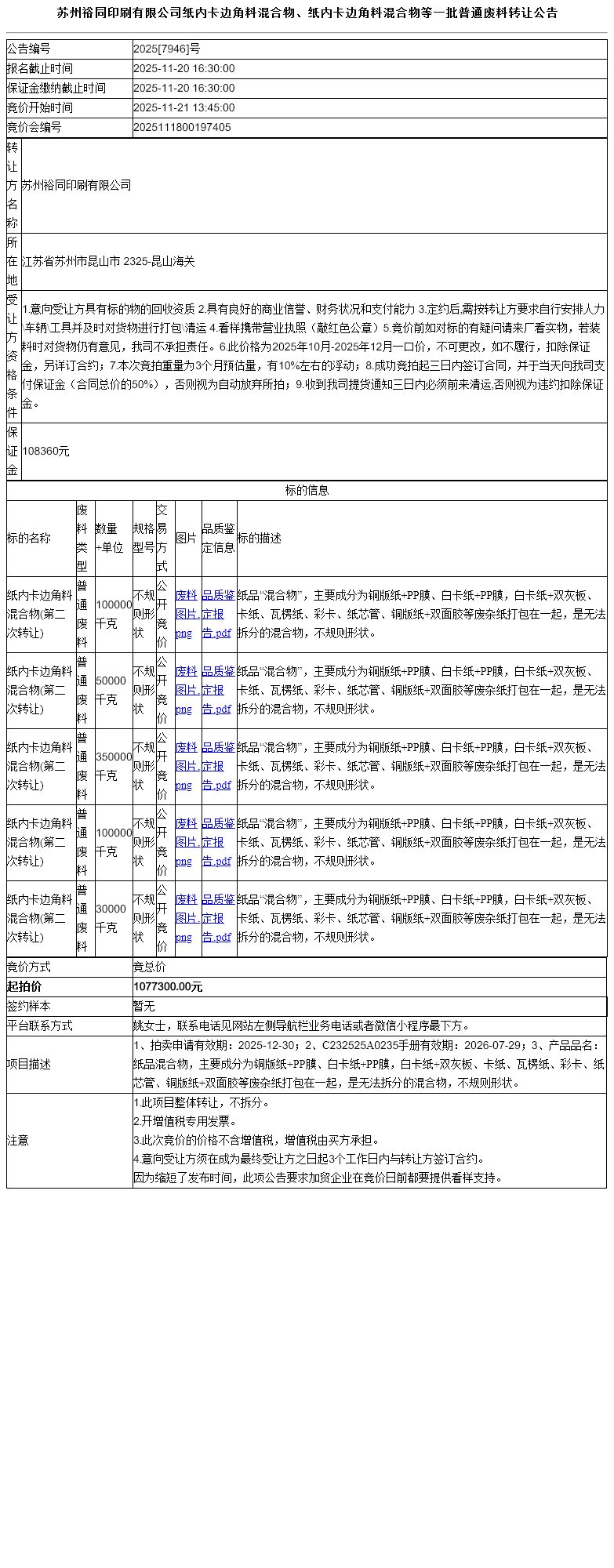 苏州裕同印刷有限公司纸内卡边角料混合物、纸内卡边角料混合物等一批普通废料转让公告