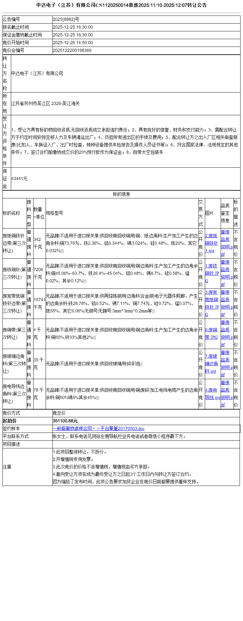 中达电子（江苏）有限公司CN1120250014普废2025/11/10-2025/12/07转让公告