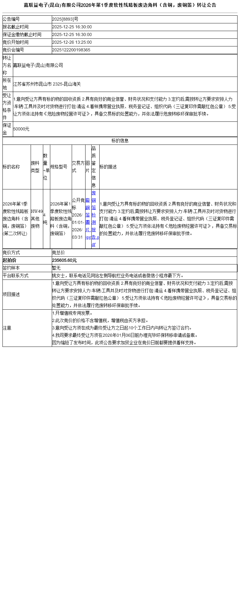 嘉联益电子(昆山)有限公司2026年第1季度软性线路板废边角料（含铜，废铜箔）转让公告