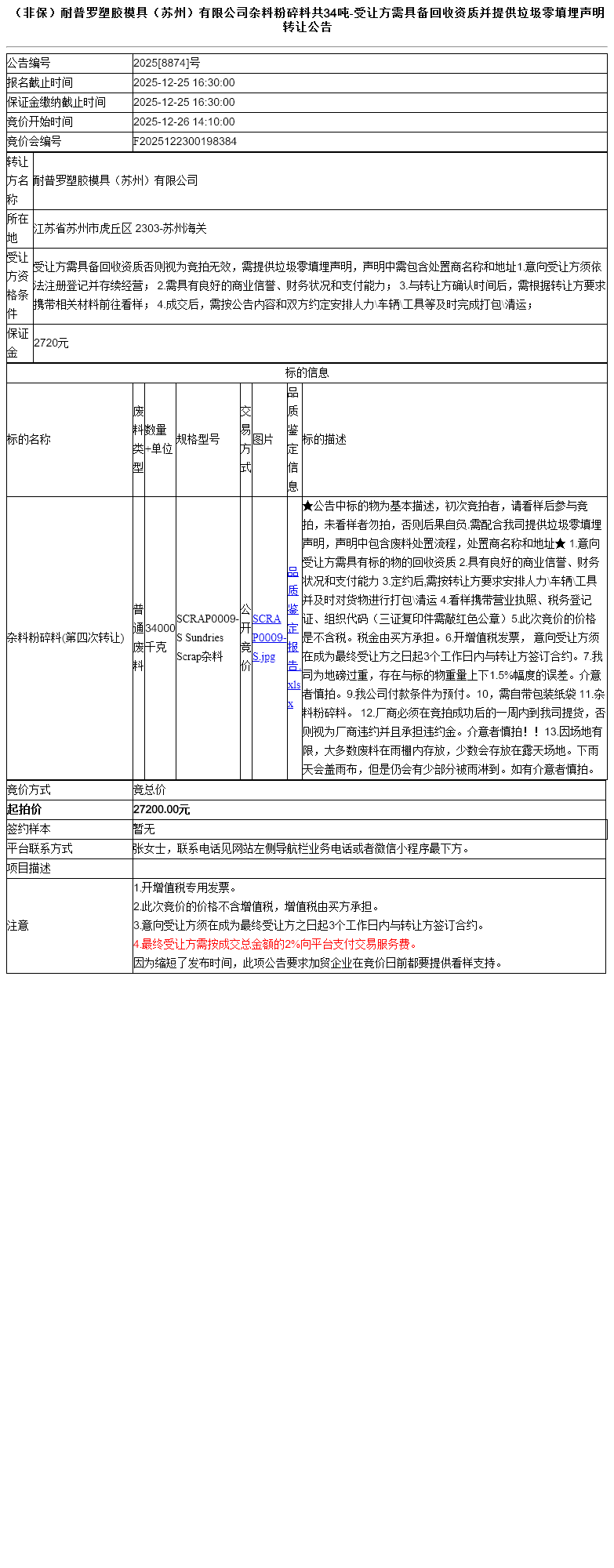 （非保）耐普罗塑胶模具（苏州）有限公司杂料粉碎料共34吨-受让方需具备回收资质并提供垃圾零填埋声明转让公告