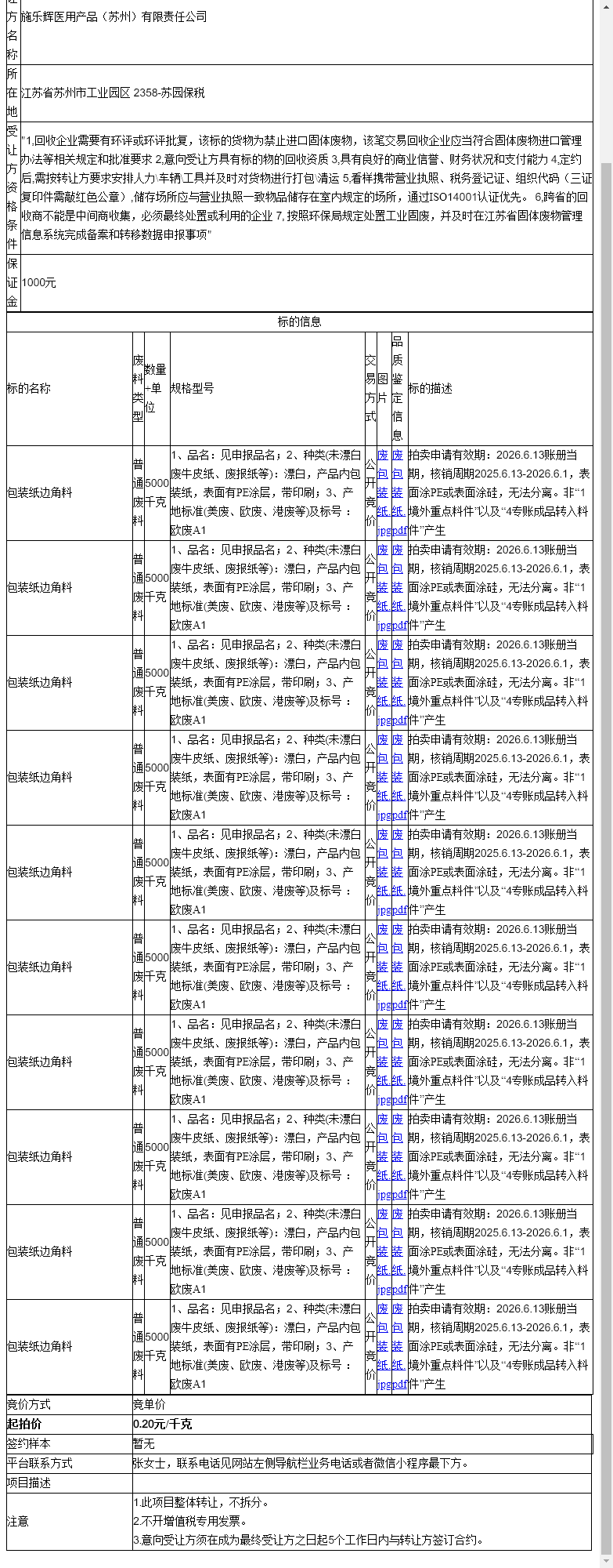 施乐辉医用产品（苏州）有限责任公司包装纸边角料、包装纸边角料等一批普通废料转让公告