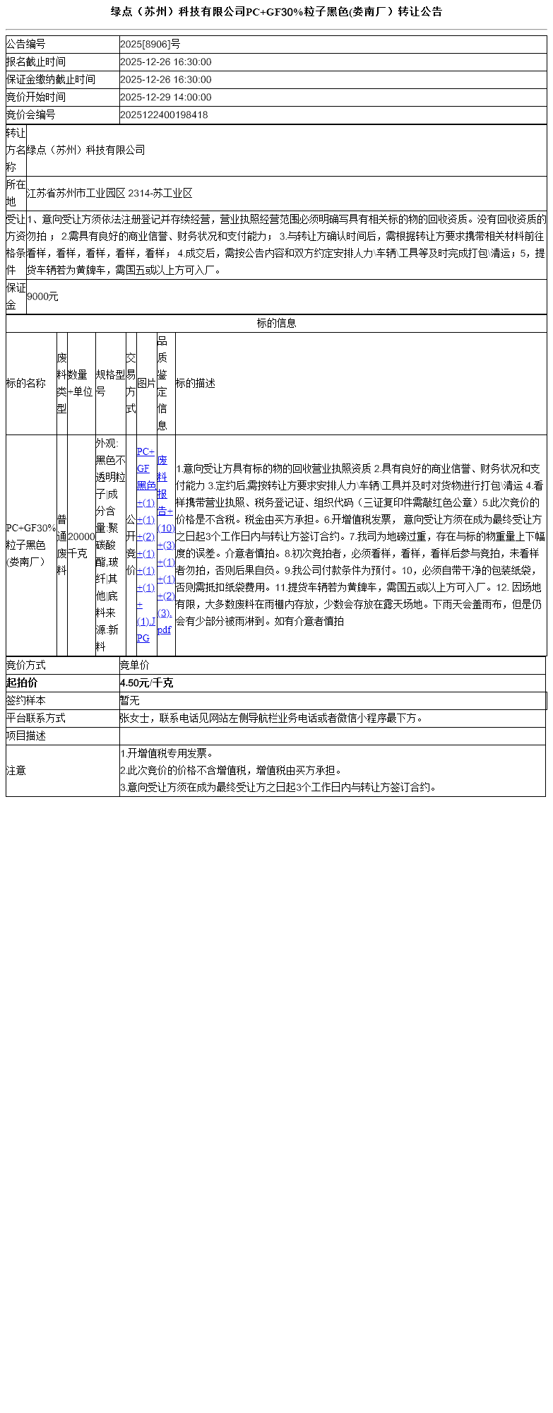 绿点（苏州）科技有限公司PC+GF30%粒子黑色(娄南厂）转让公告