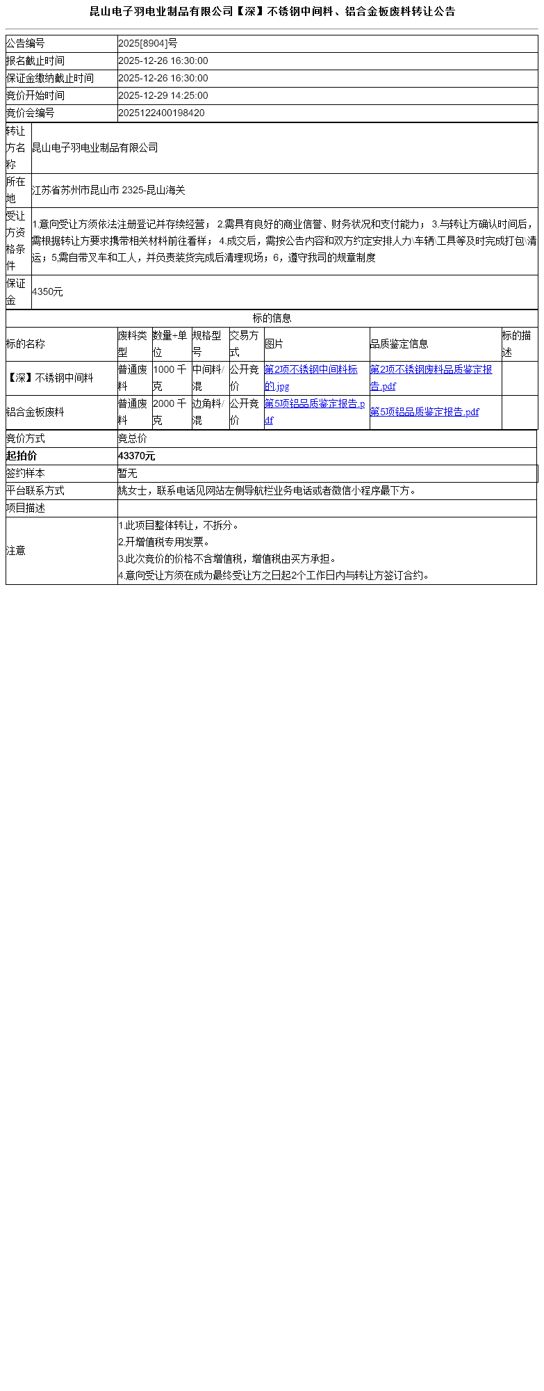 昆山电子羽电业制品有限公司【深】不锈钢中间料、铝合金板废料转让公告