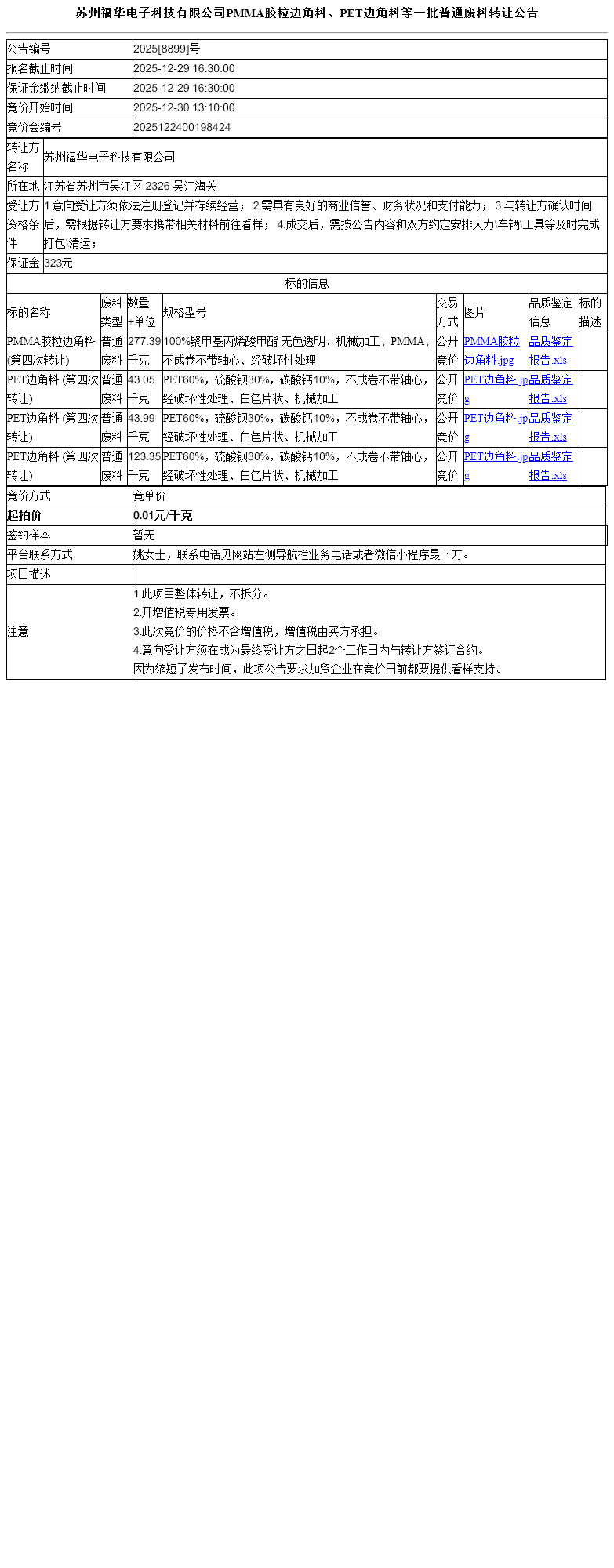 苏州福华电子科技有限公司PMMA胶粒边角料、PET边角料等一批普通废料转让公告