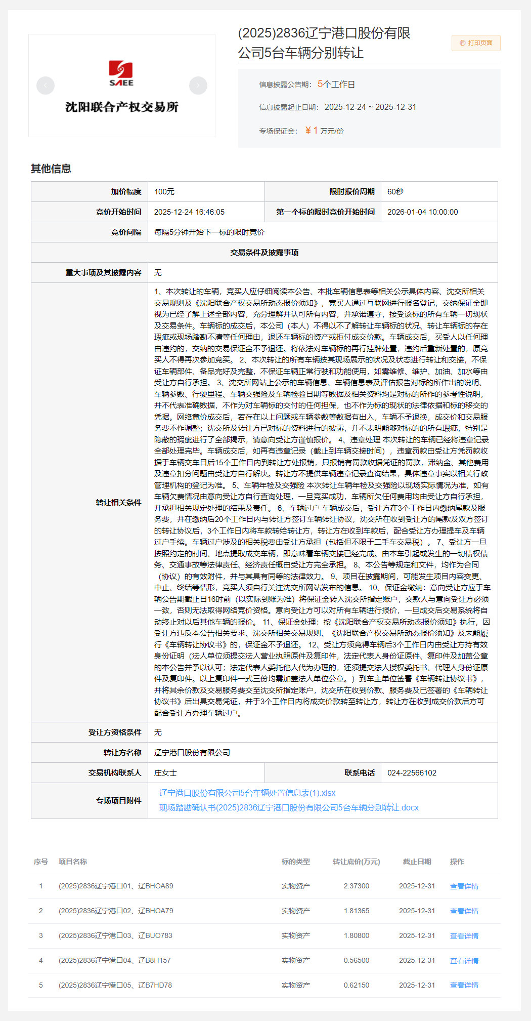 12月31日大连港口公司5台车辆整体转让公告