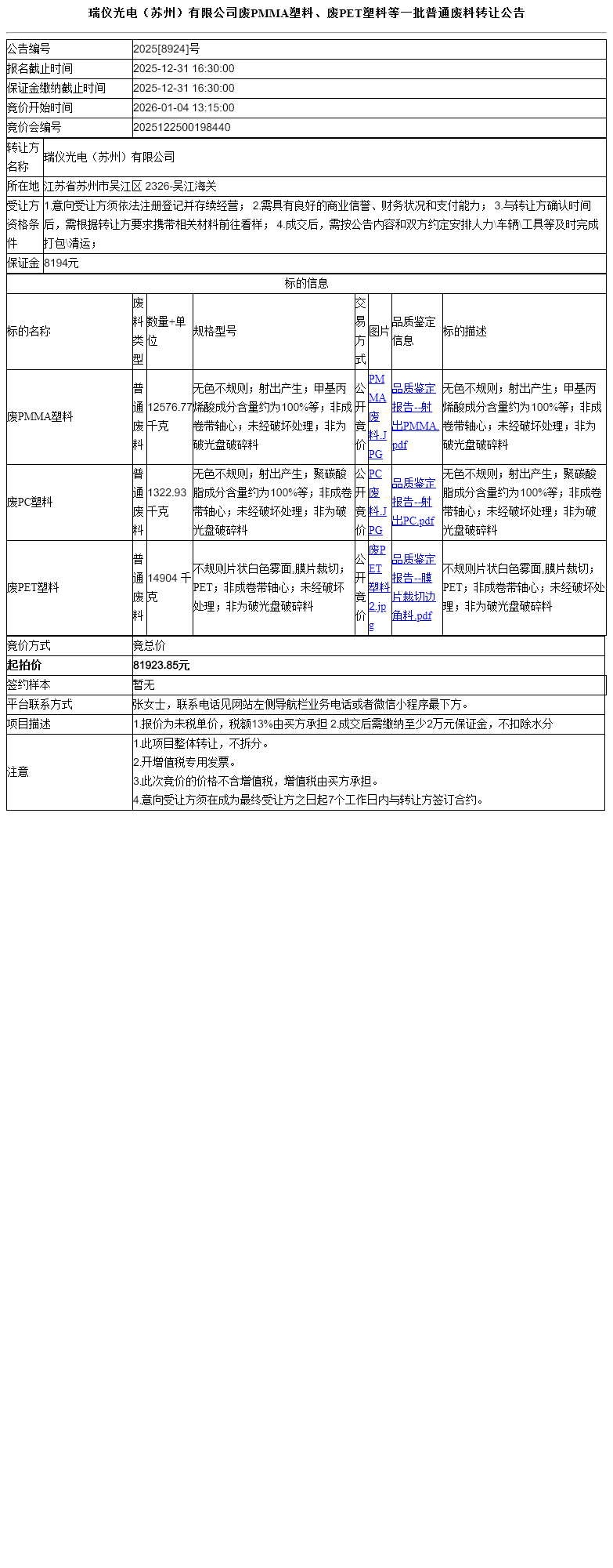 瑞仪光电（苏州）有限公司废PMMA塑料、废PET塑料等一批普通废料转让公告