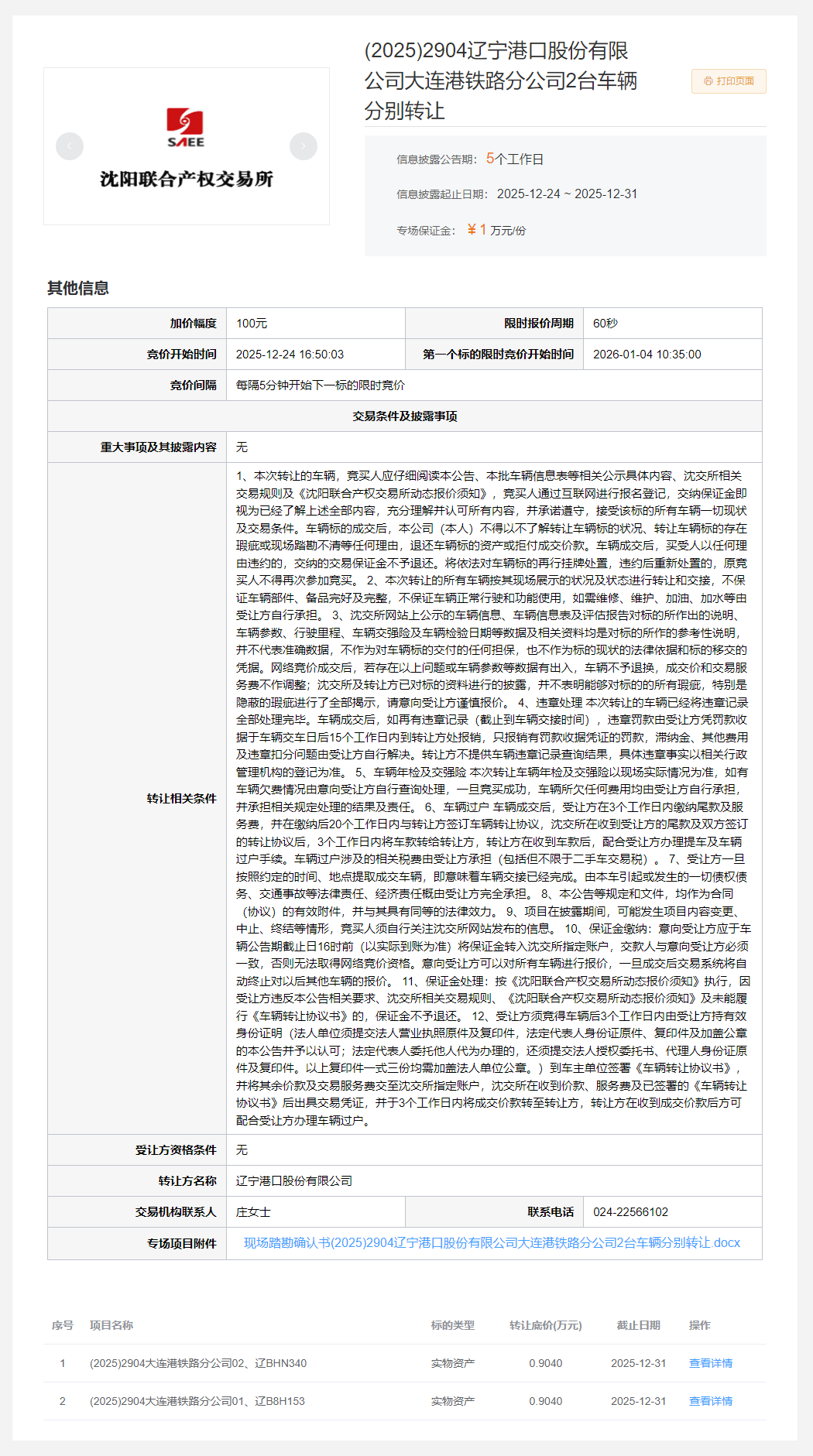 12月31日大连港口公司2台车辆分别转让公告