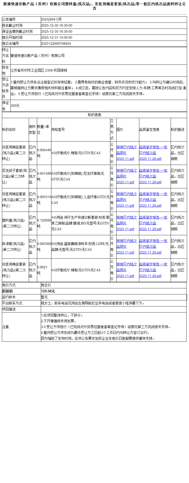 碧迪快速诊断产品（苏州）有限公司塑料盖(残次品)、非医用棉签套装(残次品)等一批区内残次品废料转让公告
