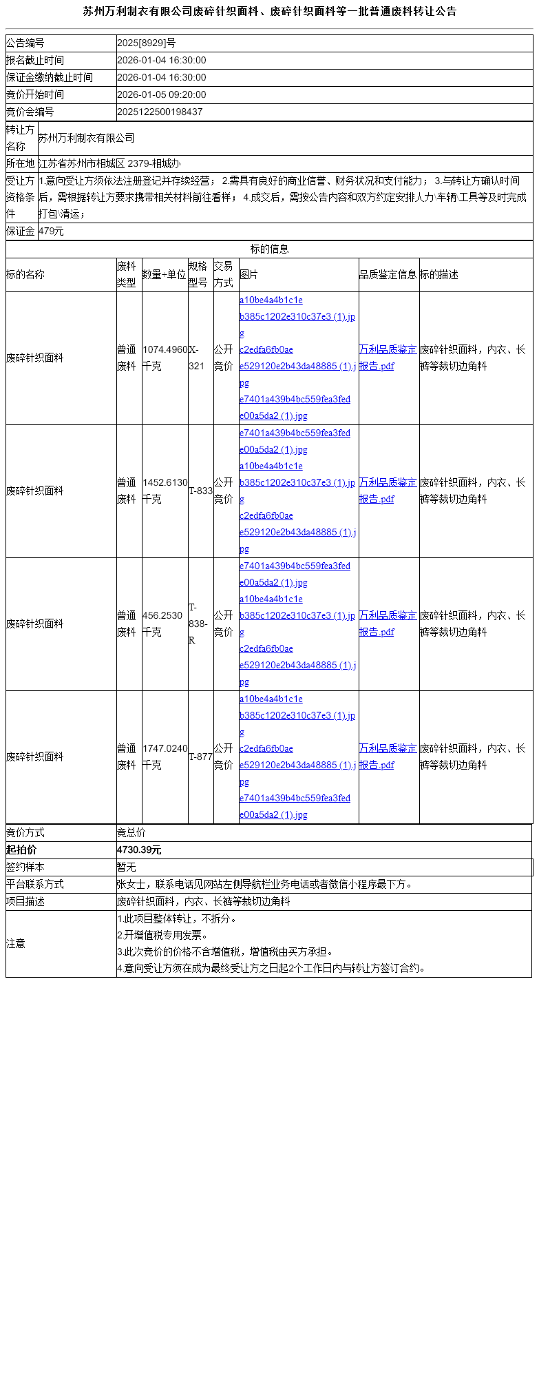 苏州万利制衣有限公司废碎针织面料、废碎针织面料等一批普通废料转让公告