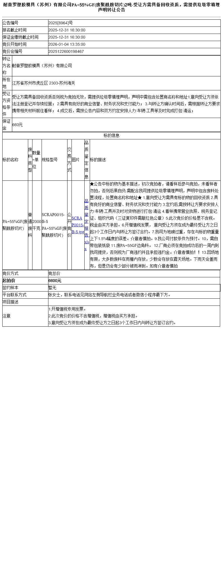 耐普罗塑胶模具（苏州）有限公司PA+55%GF(废聚酰胺切片)2吨-受让方需具备回收资质，需提供垃圾零填埋声明转让公告