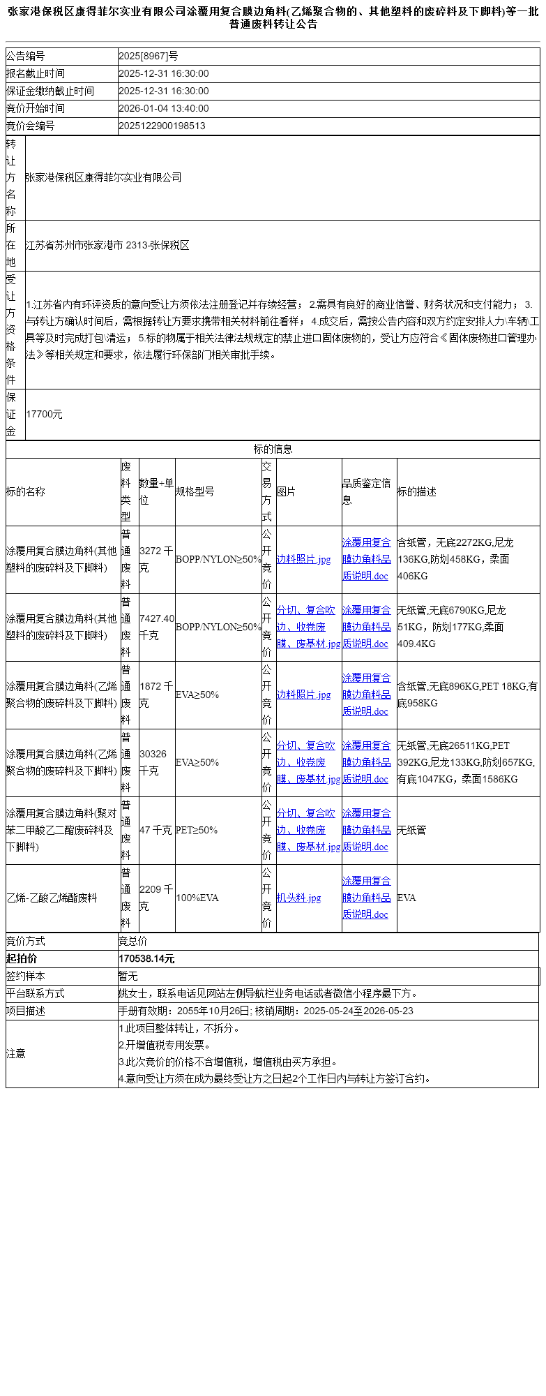 张家港保税区康得菲尔实业有限公司涂覆用复合膜边角料(乙烯聚合物的、其他塑料的废碎料及下脚料)等一批普通废料转让公告