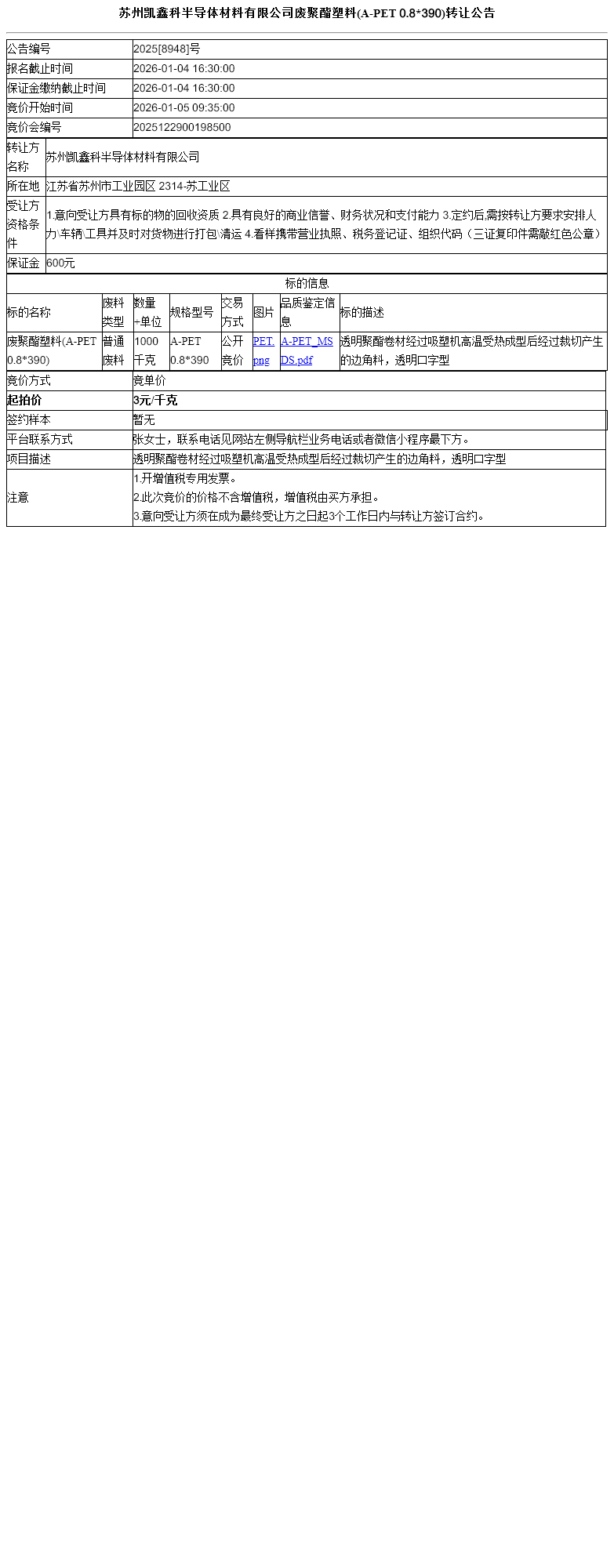 苏州凯鑫科半导体材料有限公司废聚酯塑料(A-PET 0.8*390)转让公告