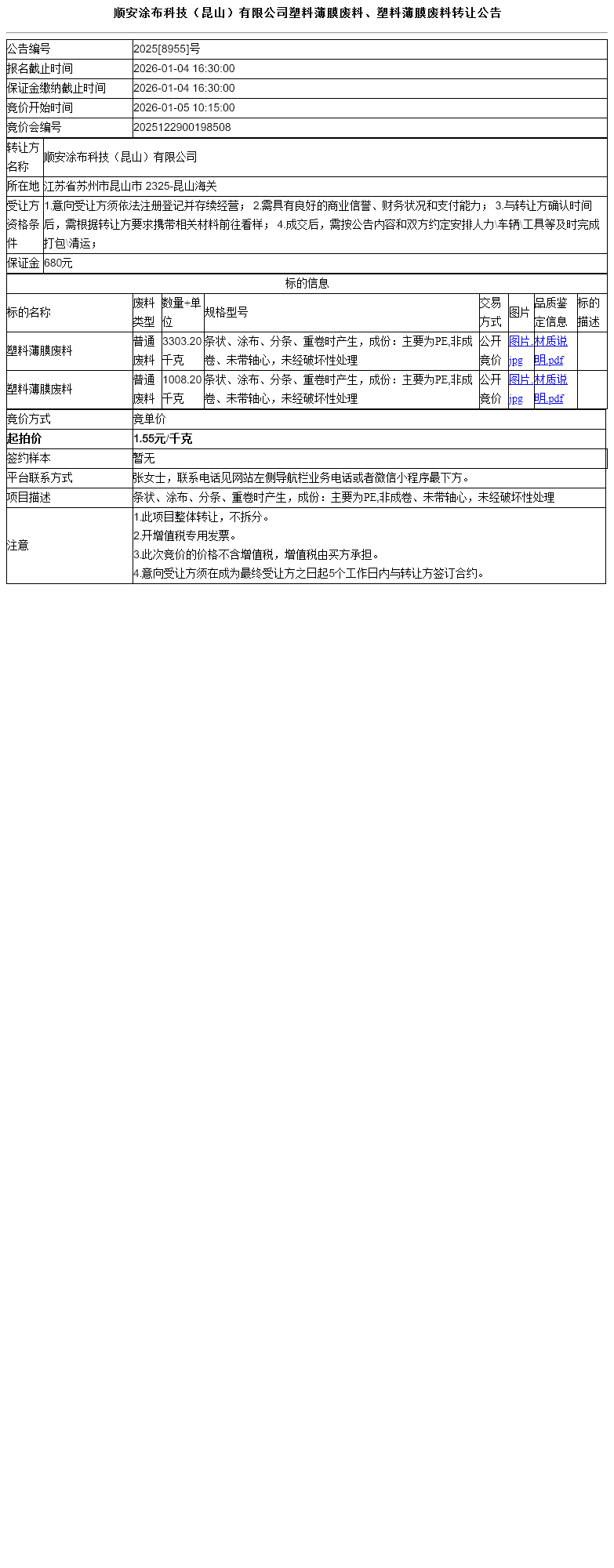 顺安涂布科技（昆山）有限公司塑料薄膜废料、塑料薄膜废料转让公告