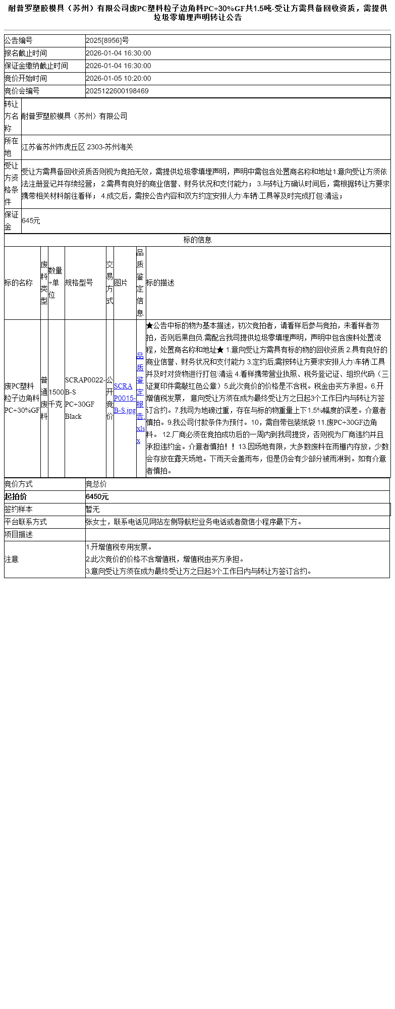 耐普罗塑胶模具（苏州）有限公司废PC塑料粒子边角料PC+30%GF共1.5吨-受让方需具备回收资质，需提供垃圾零填埋声明转让公告