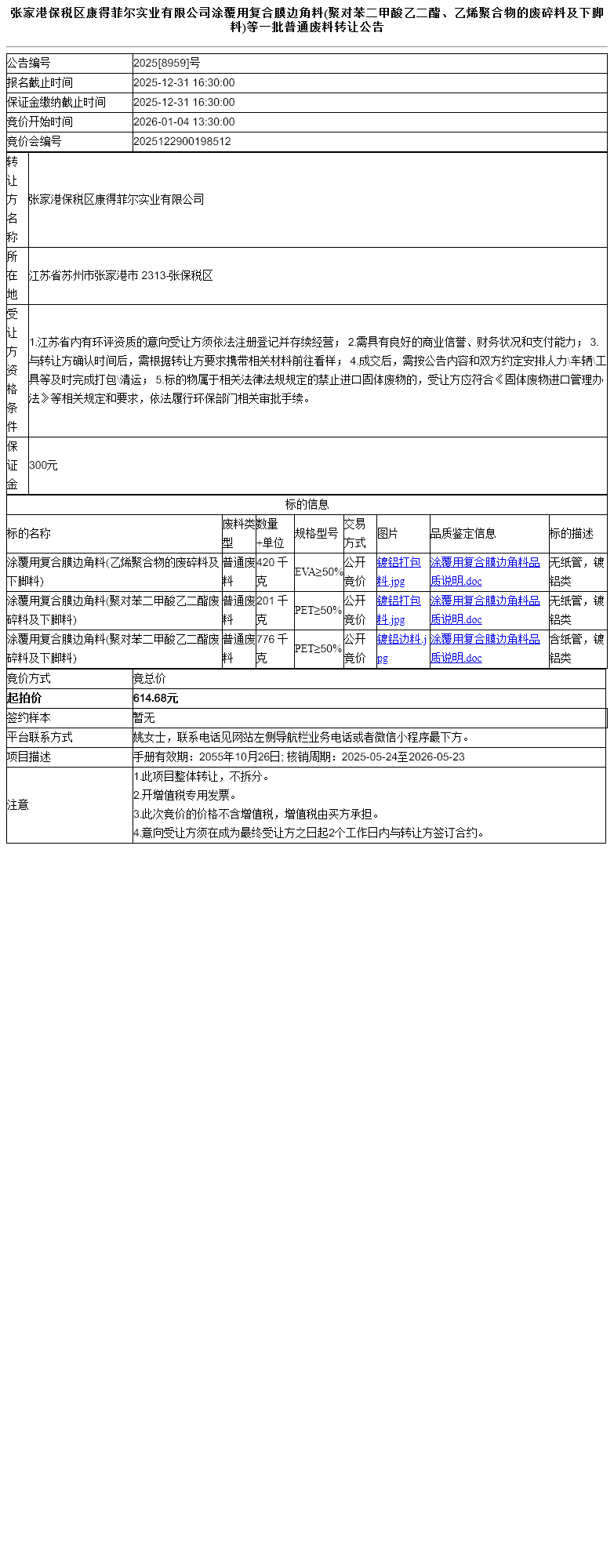 张家港保税区康得菲尔实业有限公司涂覆用复合膜边角料(聚对苯二甲酸乙二酯、乙烯聚合物的废碎料及下脚料)等一批普通废料转让公告
