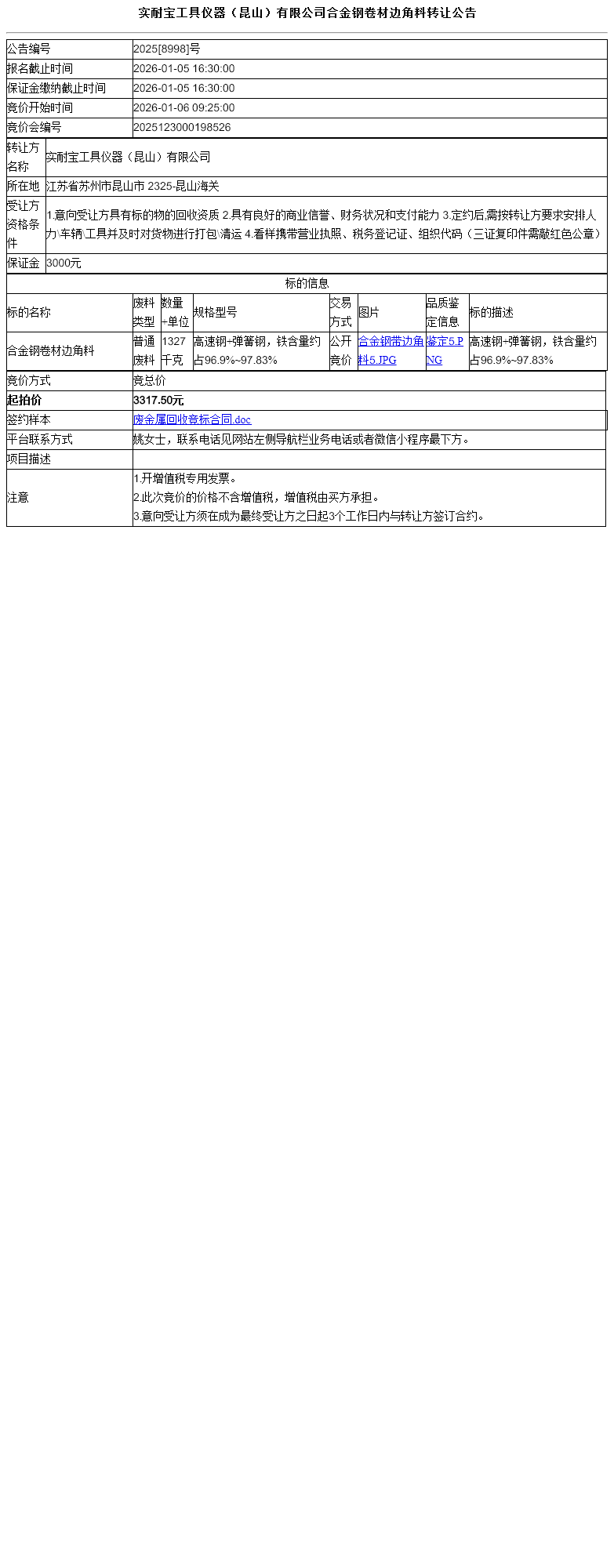 实耐宝工具仪器（昆山）有限公司合金钢卷材边角料转让公告