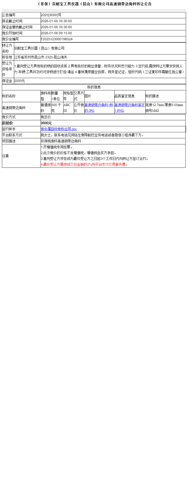 （非保）实耐宝工具仪器（昆山）有限公司高速钢带边角料转让公告