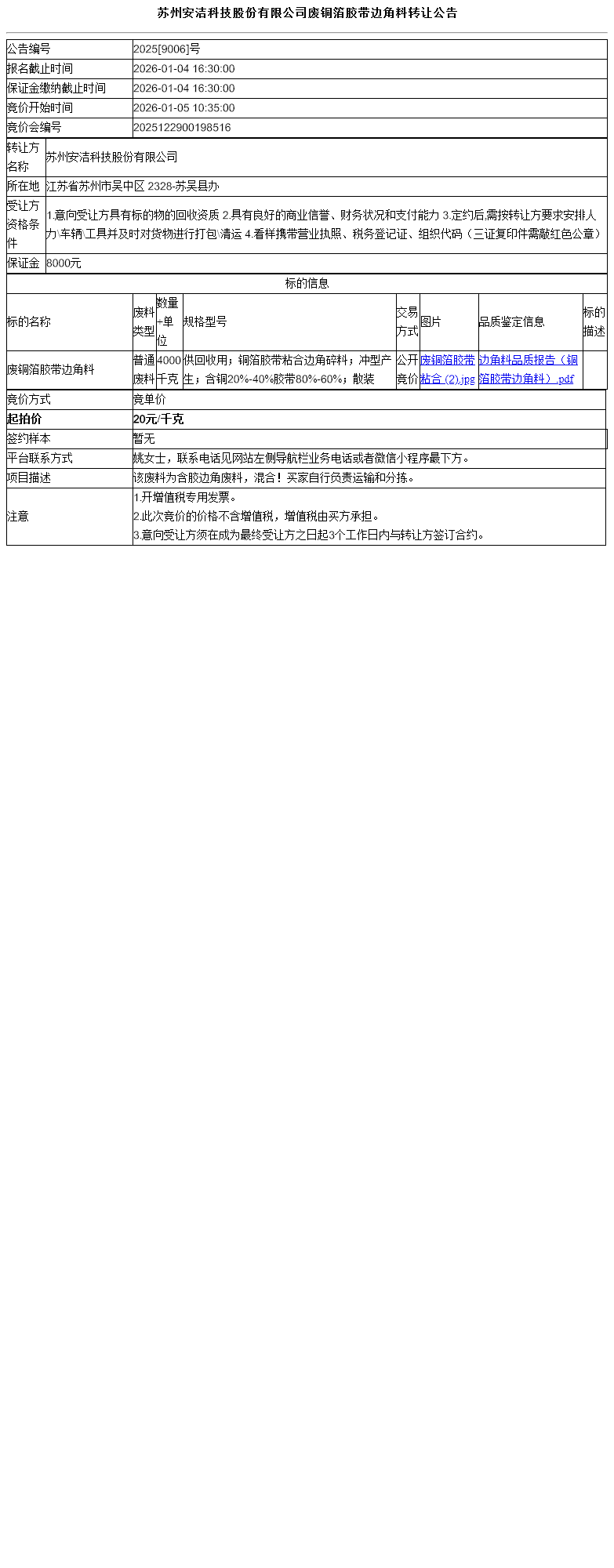 苏州安洁科技股份有限公司废铜箔胶带边角料转让公告