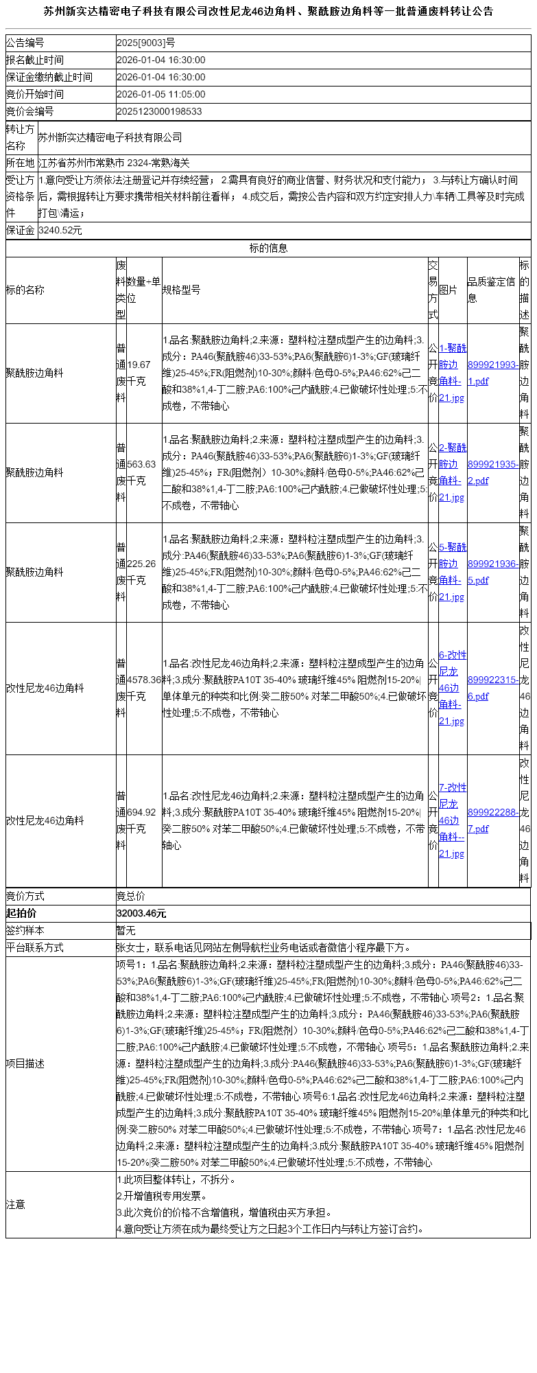 苏州新实达精密电子科技有限公司改性尼龙46边角料、聚酰胺边角料等一批普通废料转让公告