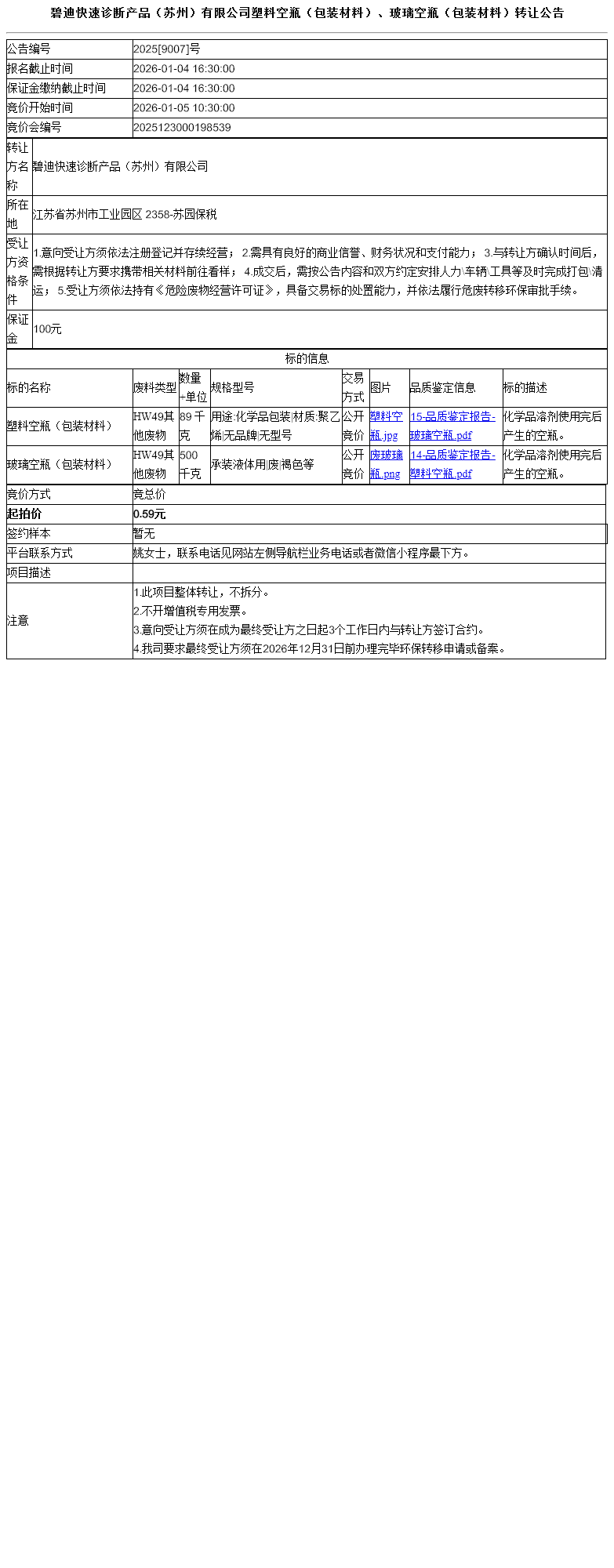 碧迪快速诊断产品（苏州）有限公司塑料空瓶（包装材料）、玻璃空瓶（包装材料）转让公告