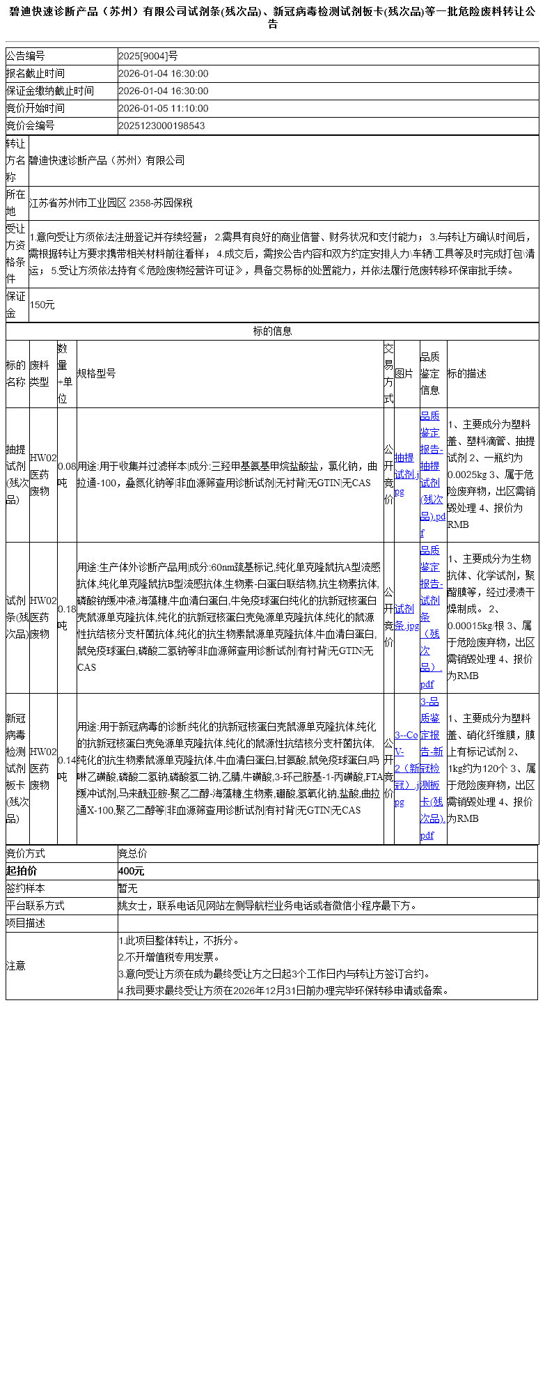 碧迪快速诊断产品（苏州）有限公司试剂条(残次品)、新冠病毒检测试剂板卡(残次品)等一批危险废料转让公告