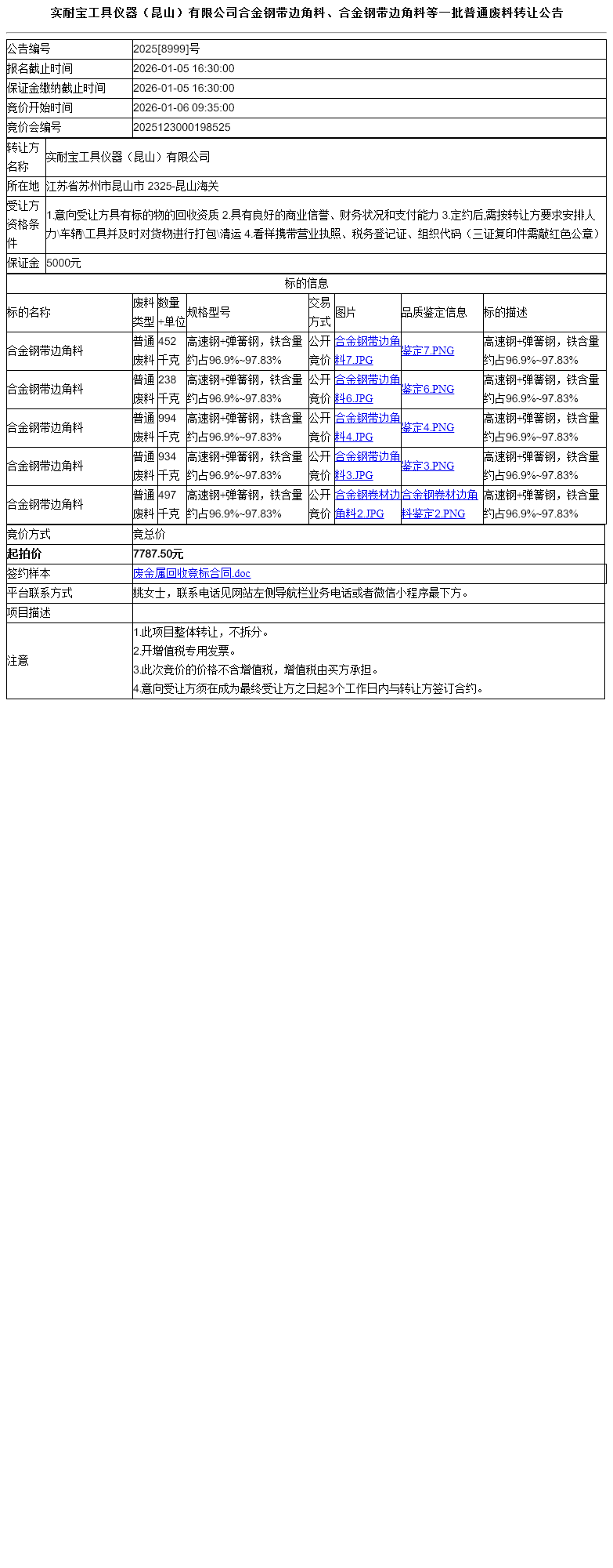实耐宝工具仪器（昆山）有限公司合金钢带边角料、合金钢带边角料等一批普通废料转让公告