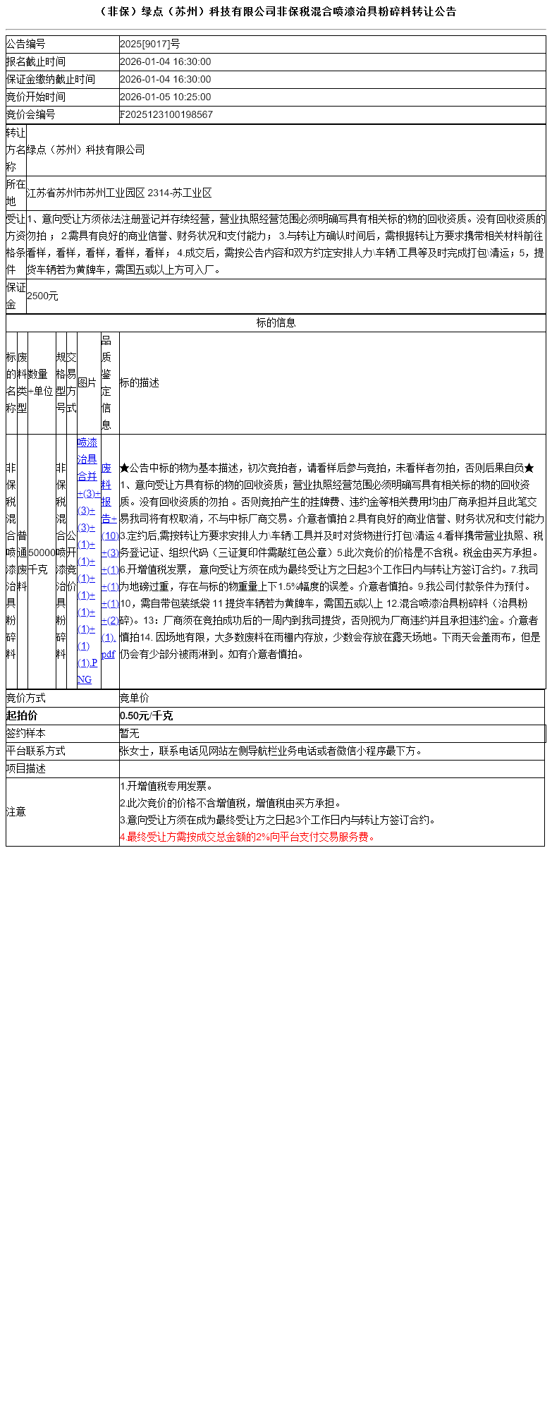 （非保）绿点（苏州）科技有限公司非保税混合喷漆治具粉碎料转让公告