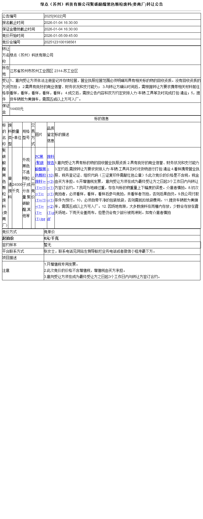 绿点（苏州）科技有限公司聚碳酸酯黑色颗粒废料(娄南厂)转让公告