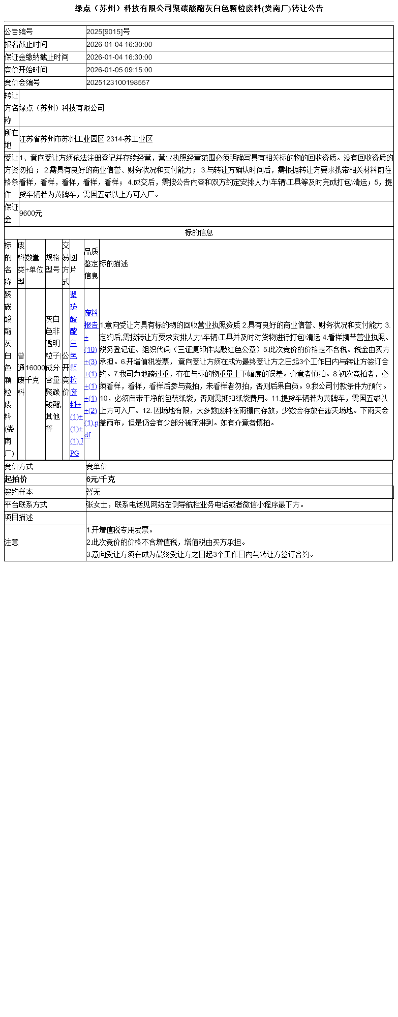 绿点（苏州）科技有限公司聚碳酸酯灰白色颗粒废料(娄南厂)转让公告