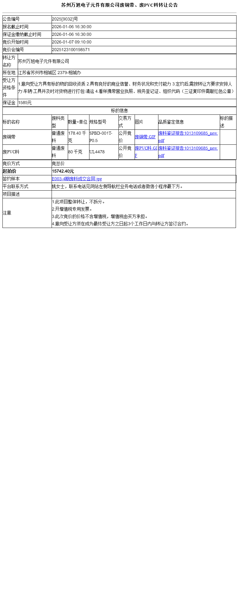 苏州万旭电子元件有限公司废铜带、废PVC料转让公告