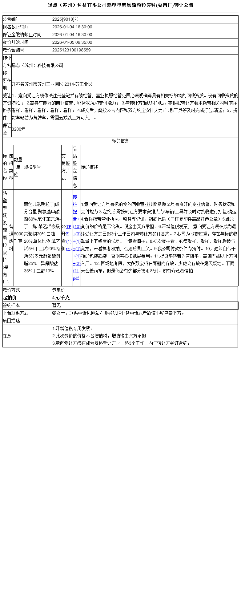 绿点（苏州）科技有限公司热塑型聚氨酯颗粒废料(娄南厂)转让公告