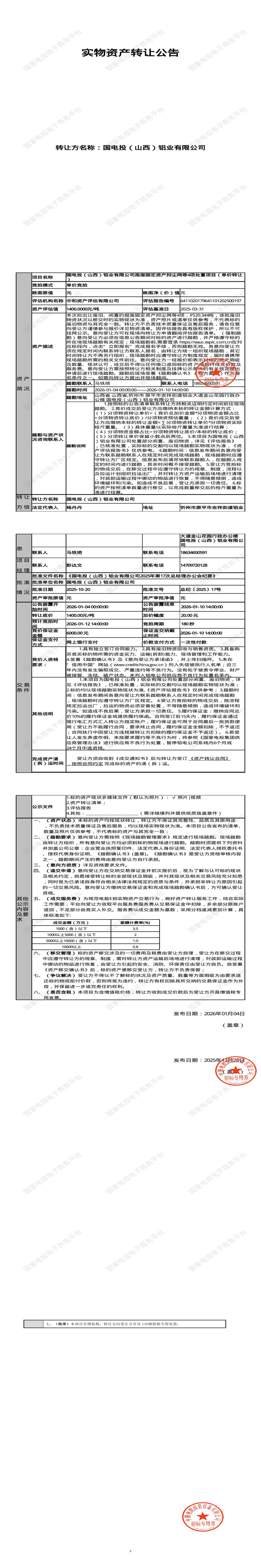 1月12日忻州铝业公司报废固定资产抑尘网等4项处置招标公告