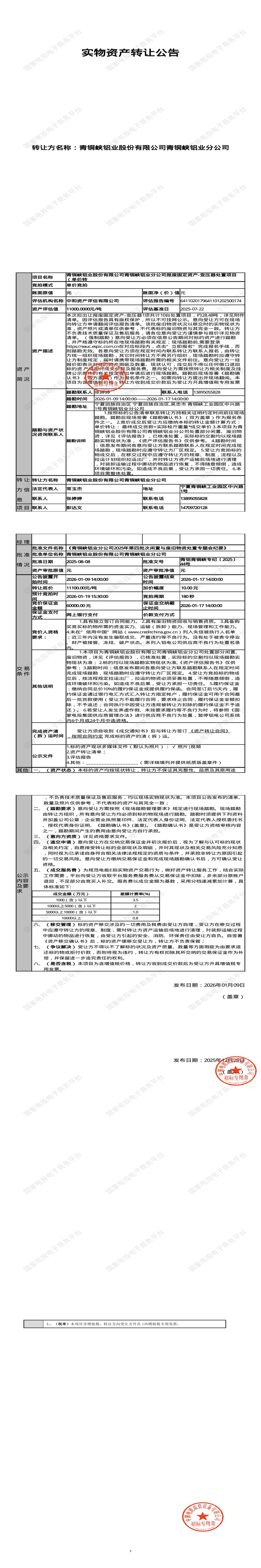 1月19日吴忠铝业公司报废固定资产-变压器处置招标公告