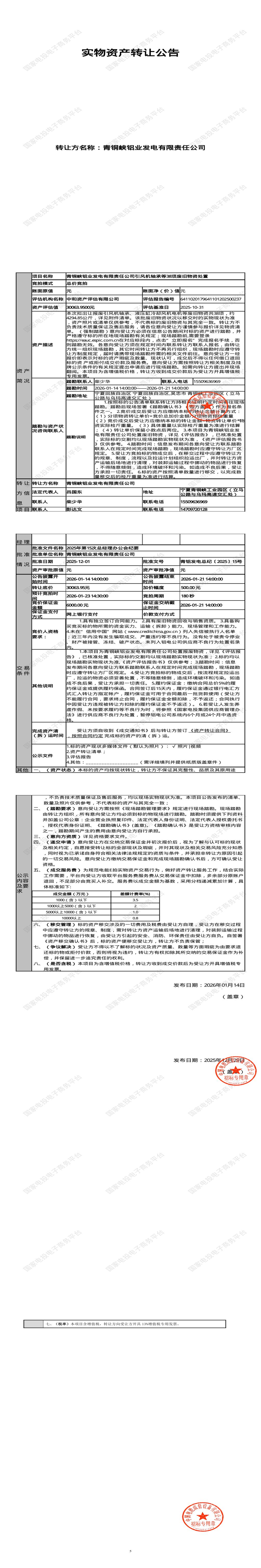 1月23日吴忠铝业公司引风机轴承等38项废旧物资处置招标公告
