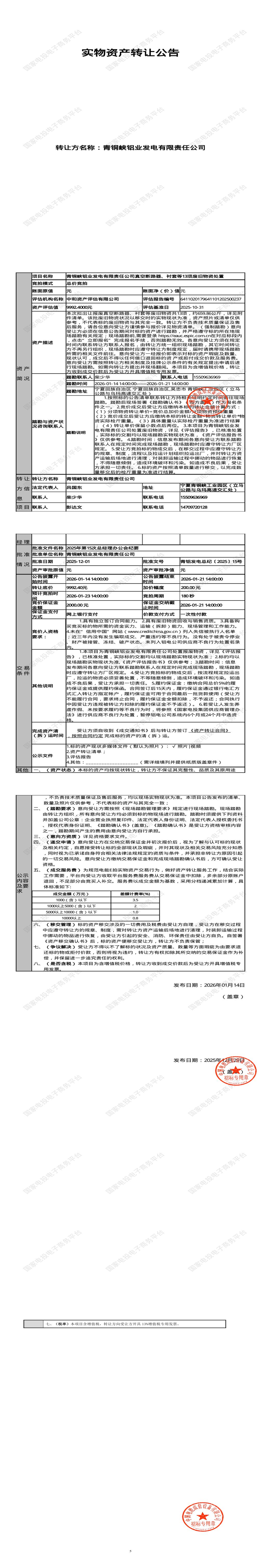 1月23日吴忠铝业公司真空断路器、衬套等13项废旧物资处置招标公告