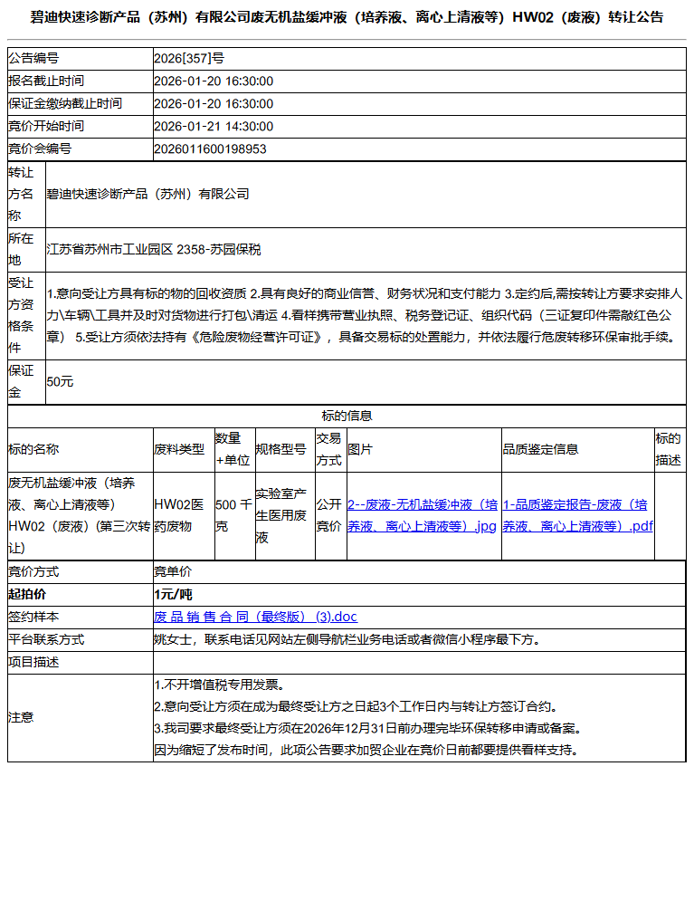 碧迪快速诊断产品（苏州）有限公司废无机盐缓冲液（培养液、离心上清液等）HW02（废液）转让公告