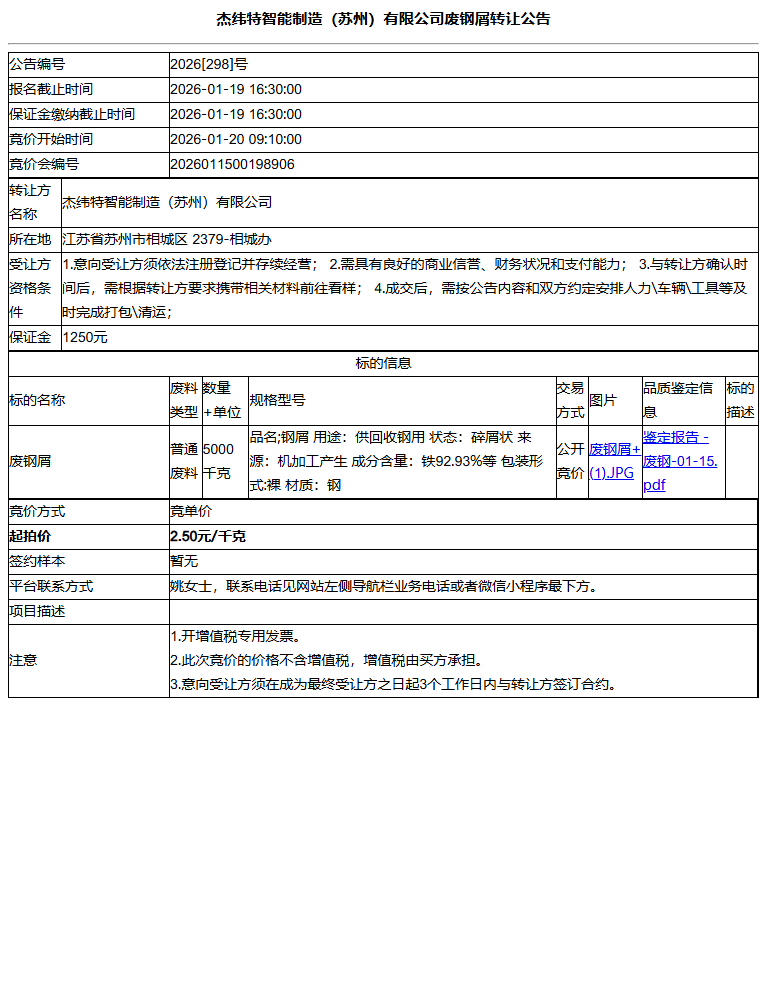 杰纬特智能制造（苏州）有限公司废钢屑转让公告