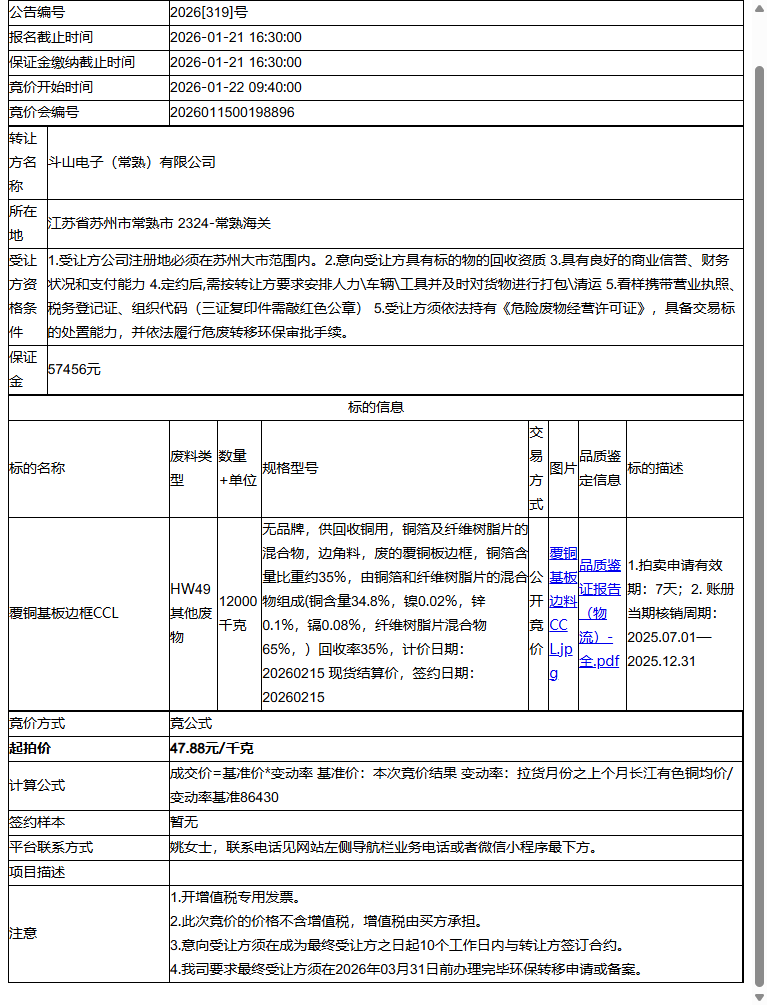斗山电子（常熟）有限公司覆铜基板边框CCL转让公告