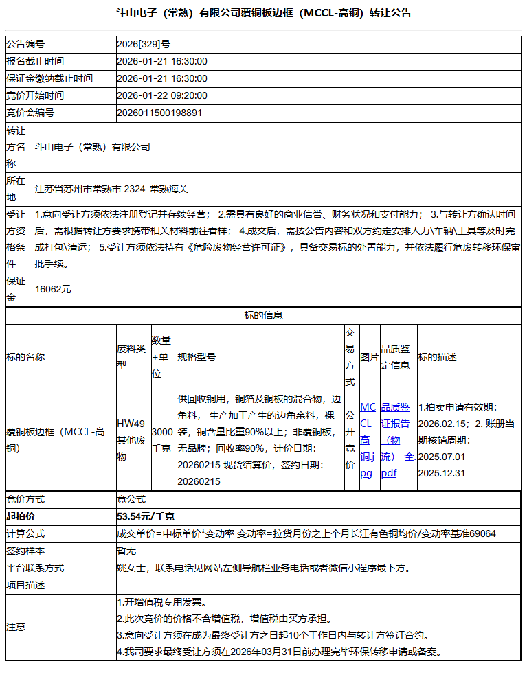 斗山电子（常熟）有限公司覆铜板边框（MCCL-高铜）转让公告