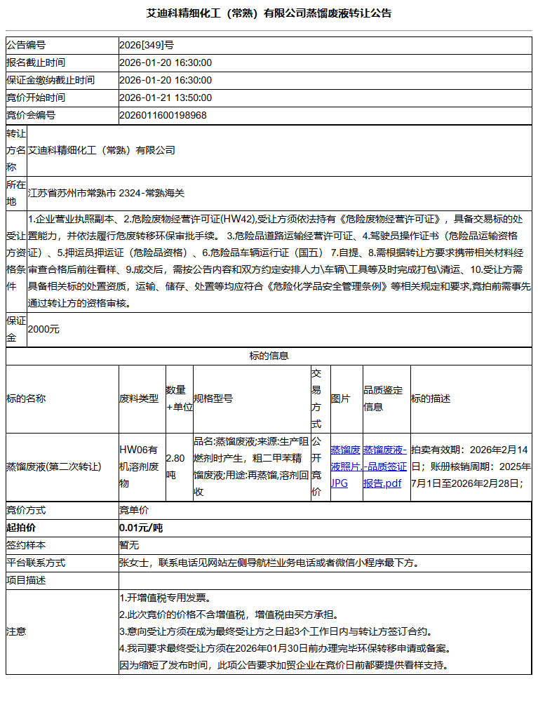 艾迪科精细化工（常熟）有限公司蒸馏废液转让公告