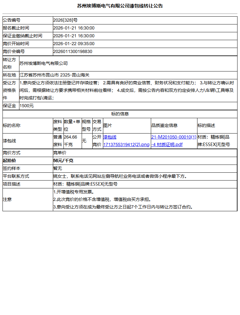 苏州埃博斯电气有限公司漆包线转让公告