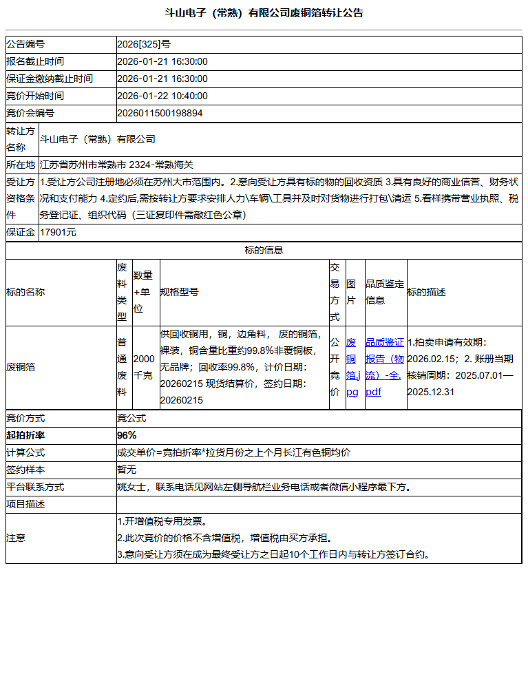 斗山电子（常熟）有限公司废铜箔转让公告