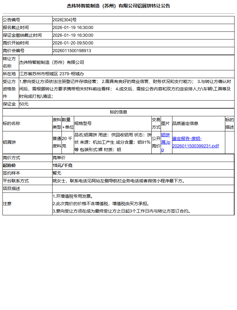 杰纬特智能制造（苏州）有限公司铝屑饼转让公告
