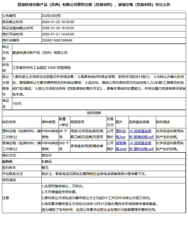 碧迪快速诊断产品（苏州）有限公司塑料空瓶（包装材料）、玻璃空瓶（包装材料）转让公告