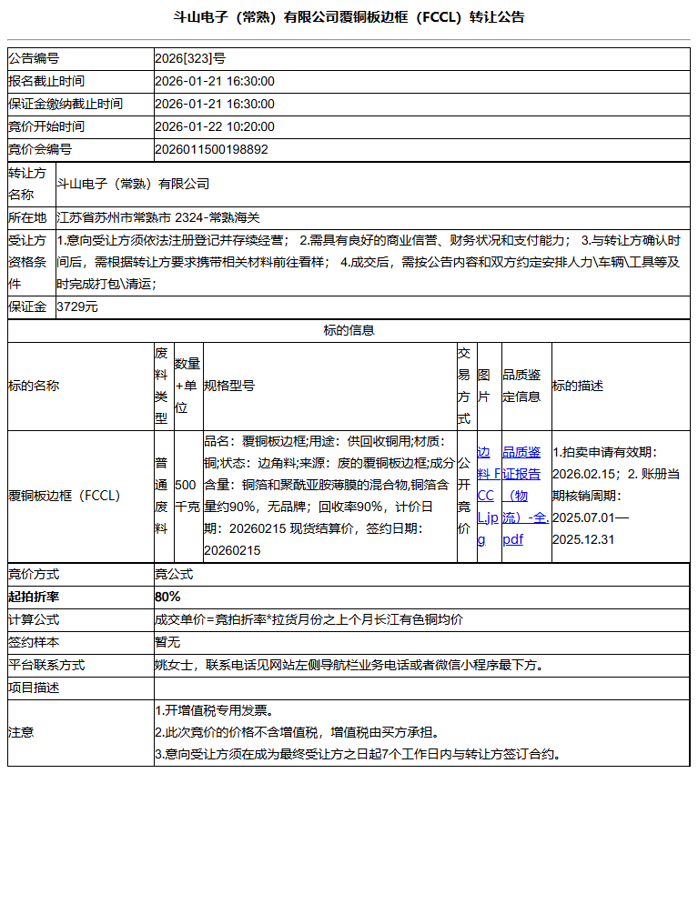 斗山电子（常熟）有限公司覆铜板边框（FCCL）转让公告