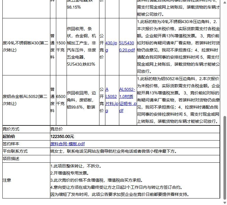苏州全毅源科技有限公司废铝合金板AL5052、废冷轧不锈钢板430等一批普通废料转让公告