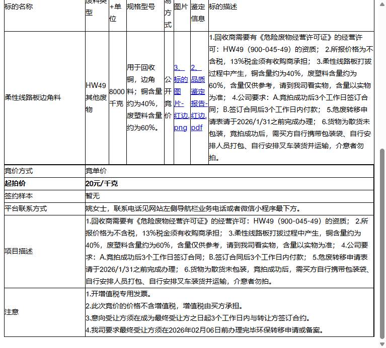 苏州紫翔电子科技有限公司柔性线路板边角料转让公告