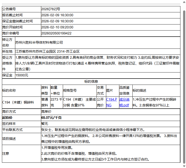 苏州兴胜科半导体材料有限公司C194（未镀）铜碎料转让公告
